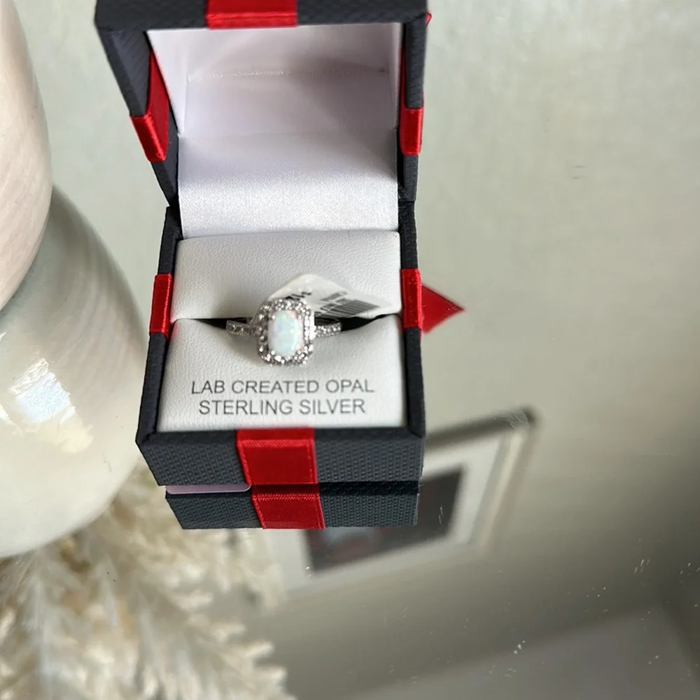 Womens Lab Created White Opal Sterling Silver Cushion Halo Cocktail Ring - Picture 5 of 6